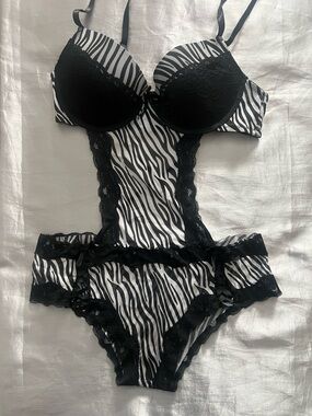 Zebra-Print Black & White Lace Teddy Bodysuit